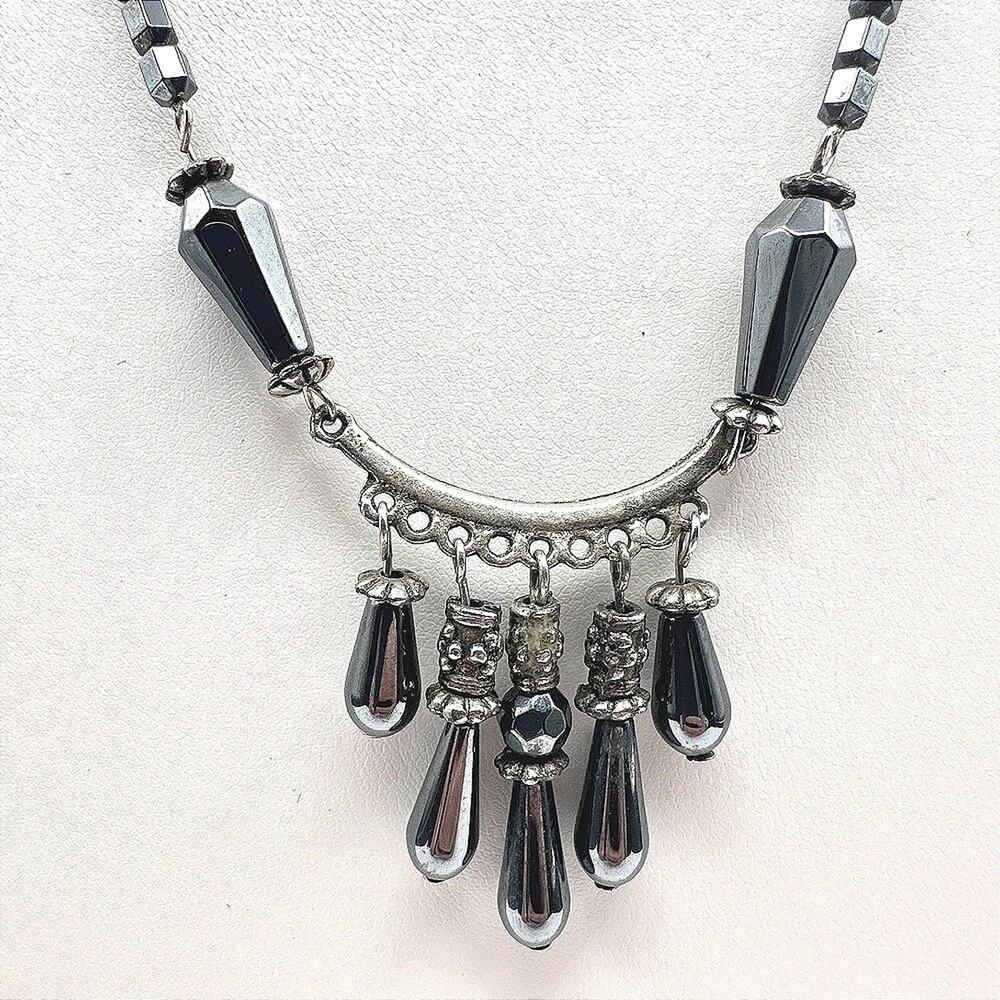 Vintage 90s Hematite Stone Fringe Necklace Silver Tone Dangle Boho Chic Jewelry